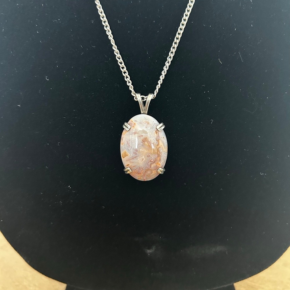Vintage Oval Pendant Necklace Silver Tone Curb Chain Boho Natural Stone